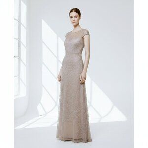 NWT JS Collections Formal A-Line Embroidered Sheer Evening Maxi Gown Tan Women 2